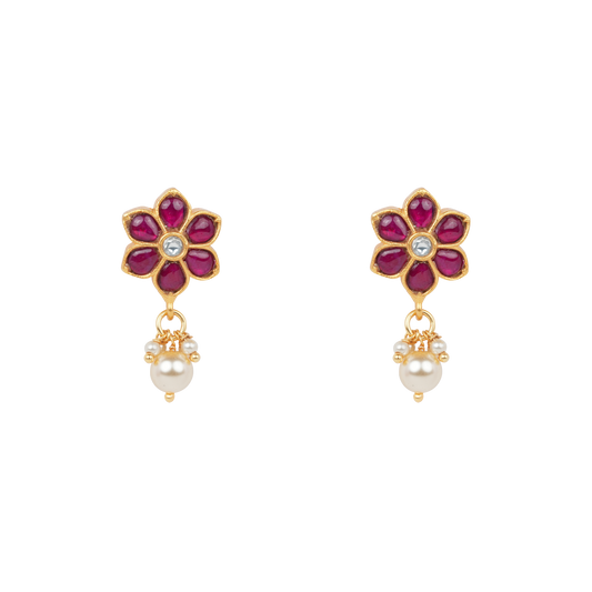 Antique Gold-Finish Pushpika Stud with Ruby Floral Motif and Pearl Drop