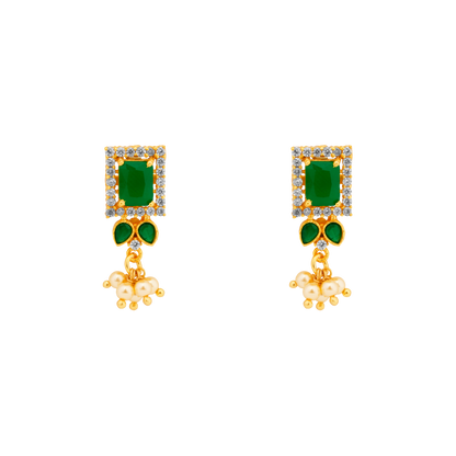 Emerald Gleam Stud-Drops with Pearl Tassels