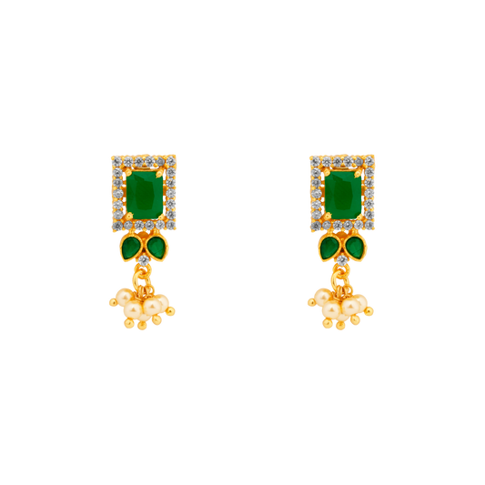 Emerald Gleam Stud-Drops with Pearl Tassels
