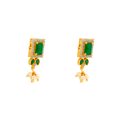 Emerald Gleam Stud-Drops with Pearl Tassels