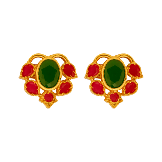 Peacock Bloom Stud Earrings with Emerald Center