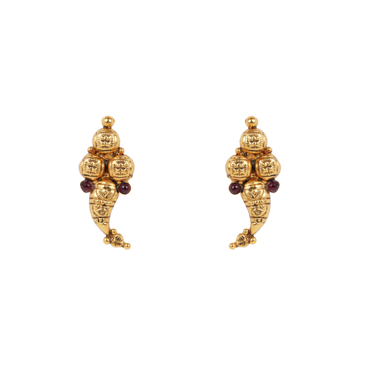 Antique Gold-Finish Vangi Studs with Ruby Bead Accents