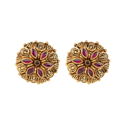 Antique Gold-Finish Padma Studs with Ruby Leaf Inlay and Nakshi Embellishments