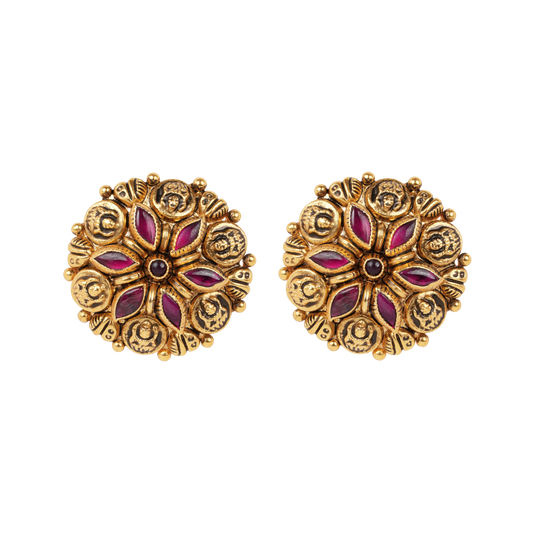 Antique Gold-Finish Padma Studs with Ruby Leaf Inlay and Nakshi Embellishments