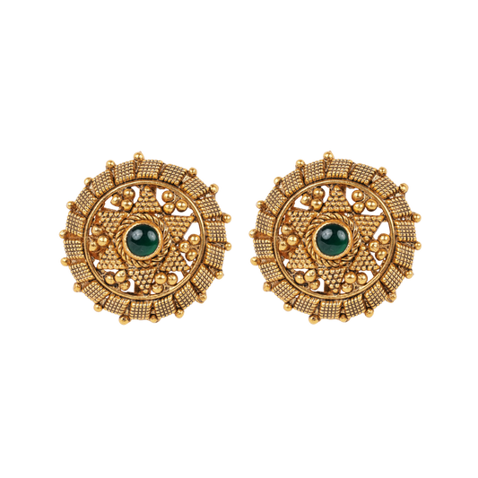 Antique Gold-Finish Yantra Studs with Emerald Centre and Temple Granulation