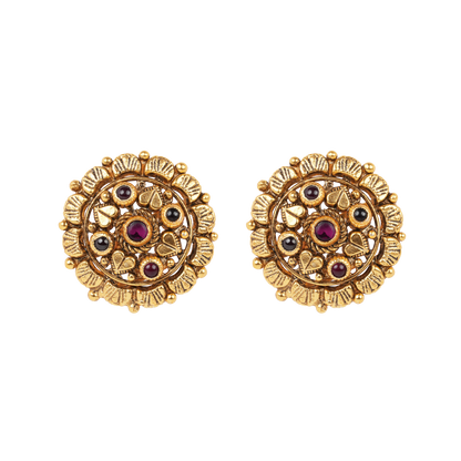 Antique Gold-Finish Hridaya Studs with Ruby Centre and Heart Motifs