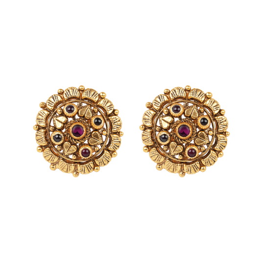Antique Gold-Finish Hridaya Studs with Ruby Centre and Heart Motifs