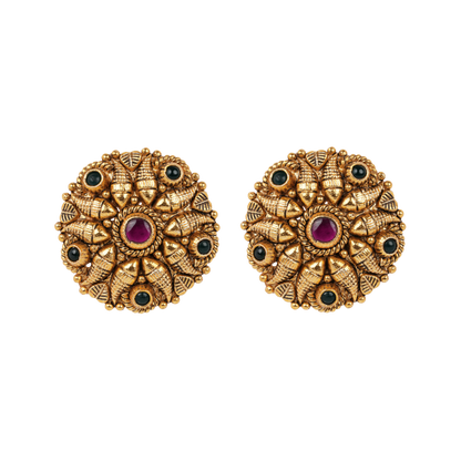 Antique Gold-Finish Shankha Studs with Ruby Centre and Emerald Accents