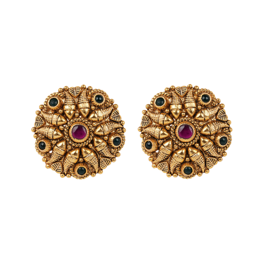 Antique Gold-Finish Shankha Studs with Ruby Centre and Emerald Accents