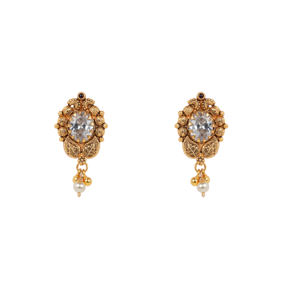 Antique Gold-Finish Jiva Earrings with Crystal Centre and Pearl Drop