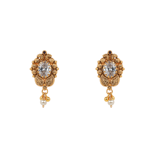 Antique Gold-Finish Jiva Earrings with Crystal Centre and Pearl Drop