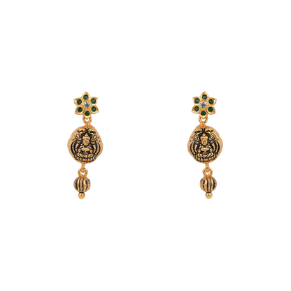Antique Gold-Finish Lakshmi Coin Drop Earrings with Floral Stud