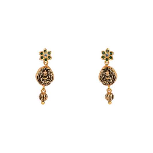 Antique Gold-Finish Lakshmi Coin Drop Earrings with Floral Stud