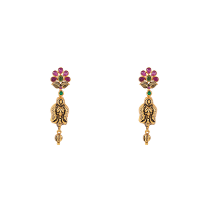 Antique Gold-Finish Gaja Lakshmi Drop Earrings with Ruby-Leaf Motif