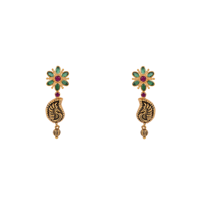 Antique Gold-Finish Mango Motif Earrings with Floral Top and Ruby Detail