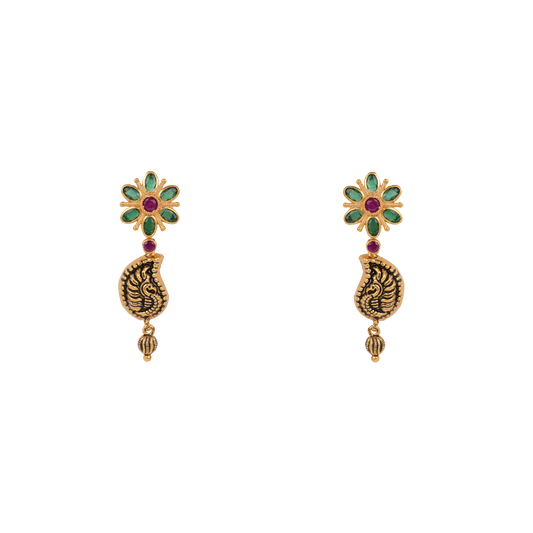 Antique Gold-Finish Mango Motif Earrings with Floral Top and Ruby Detail