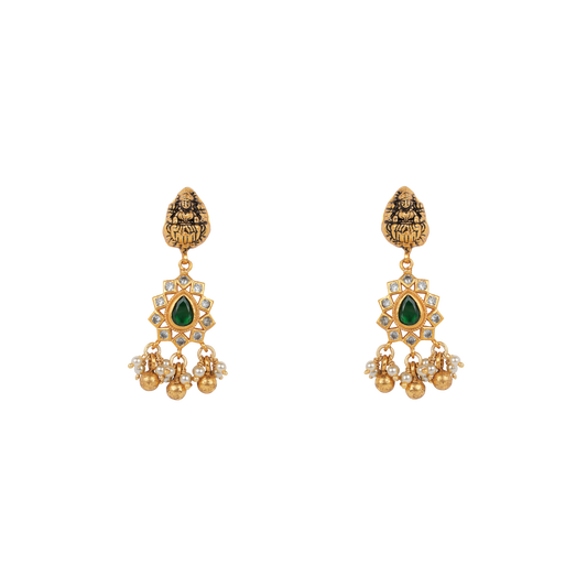 Antique Gold-Finish Lakshmi Dangler Earrings with Emerald Teardrop and Pearl Clusters