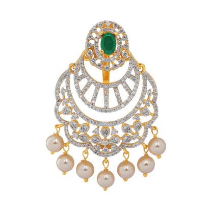 Ruby Royale: Diamond Chandbali Brooch with Lustrous Pearl Drops