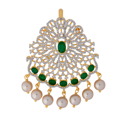 Royal Chandbali-Style Pendant with Red Emerald Stones and Pearl Drops