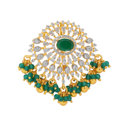 Radiant Ruby Flare: Diamond Brooch with Scarlet Beads & Golden Accents